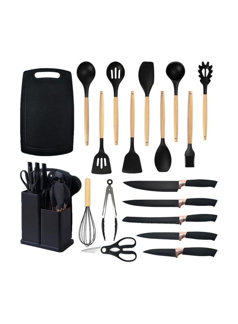 طقم سكاكين و توزيع مطبخ سيليكون بيد خشب مقاوم للحرارة مانع الالتصاق مكون من 18قطعة مع بلانشة اللون اسود - Image 4