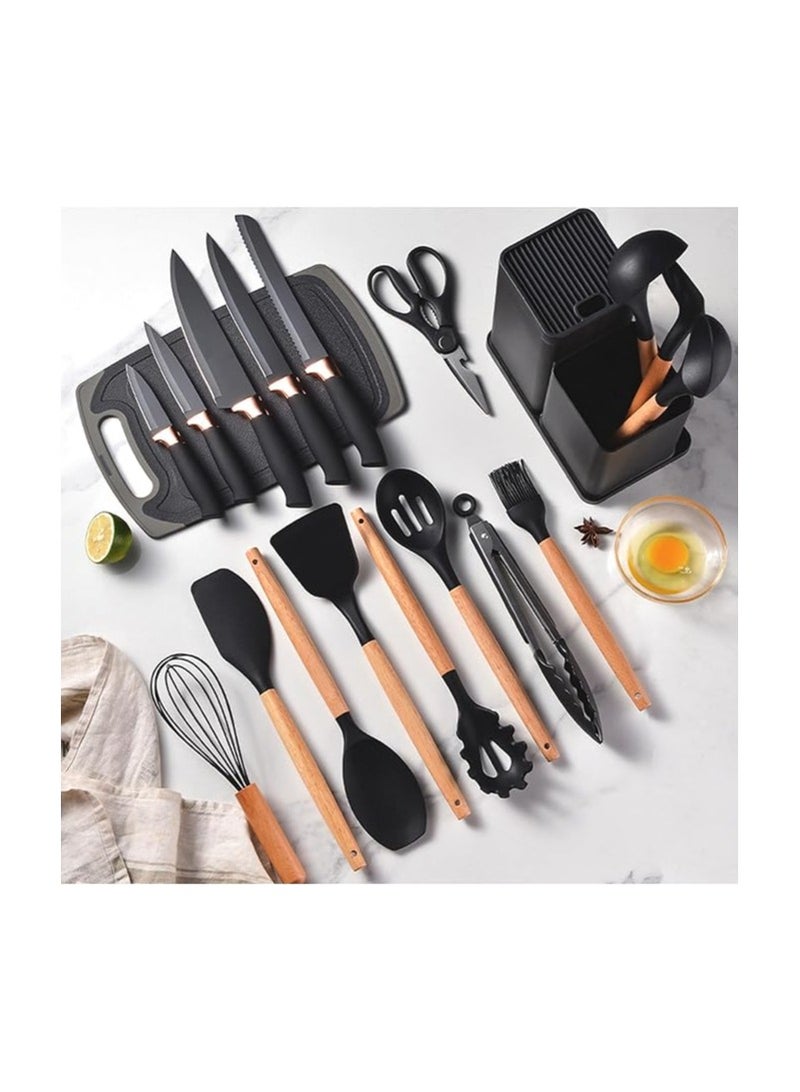 طقم سكاكين و توزيع مطبخ سيليكون بيد خشب مقاوم للحرارة مانع الالتصاق مكون من 18قطعة مع بلانشة اللون اسود - Image 5