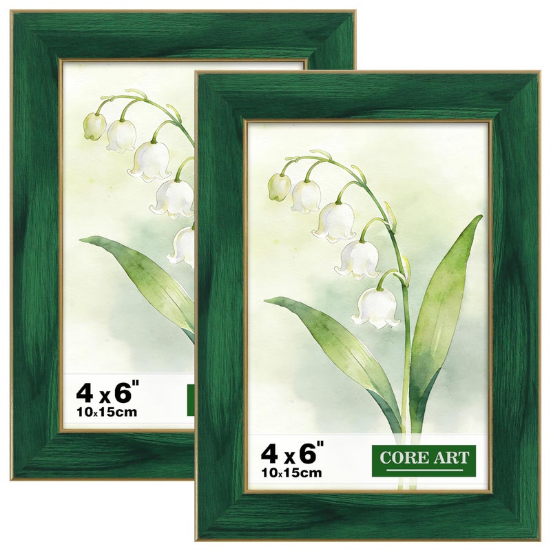 CORE ART 4x6 Picture Frames Green Photo Frames Set of 2 4 by 6 Colorful Frame with HD Plexiglass Wall or Tabletop Display