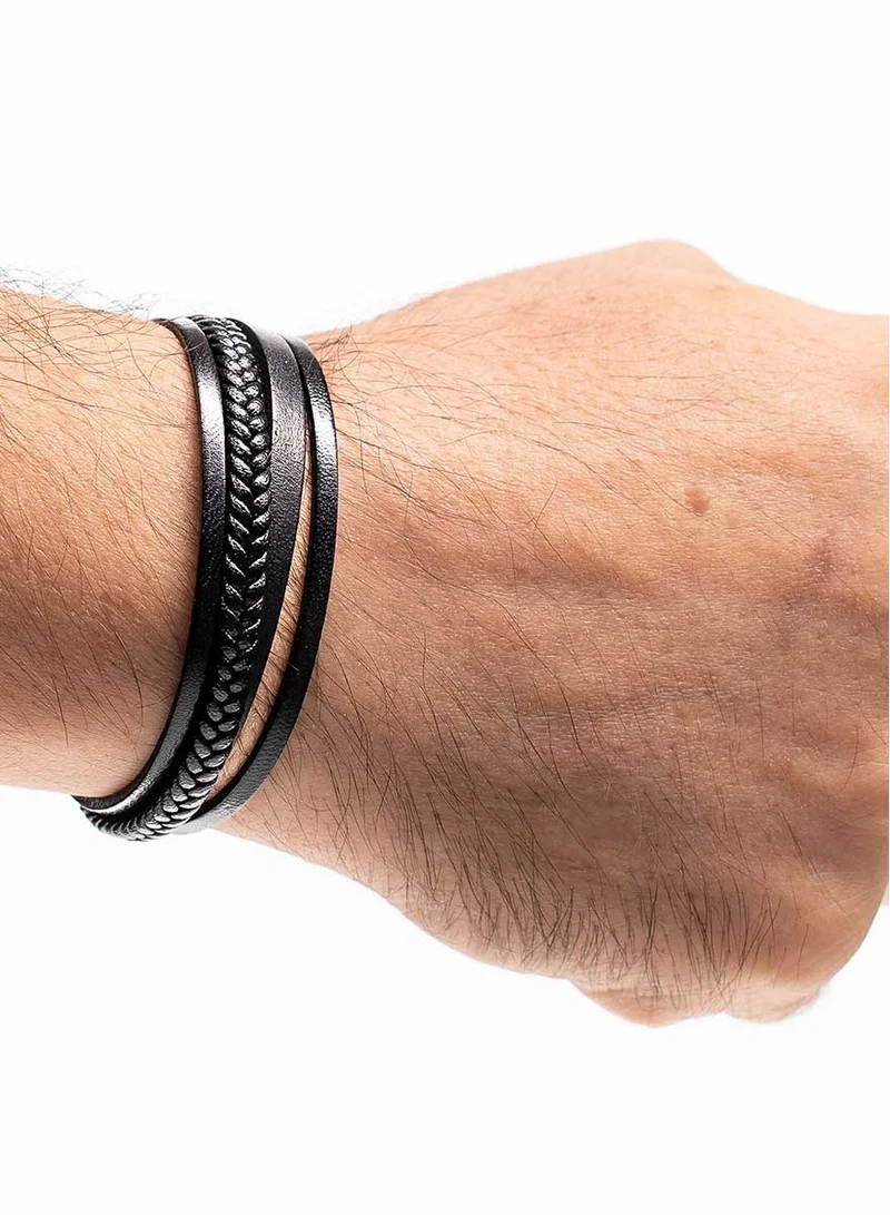 كريسوستوموس Handmade Multi-Strand Leather Bracelet with Three Black Straps and One Black Braid