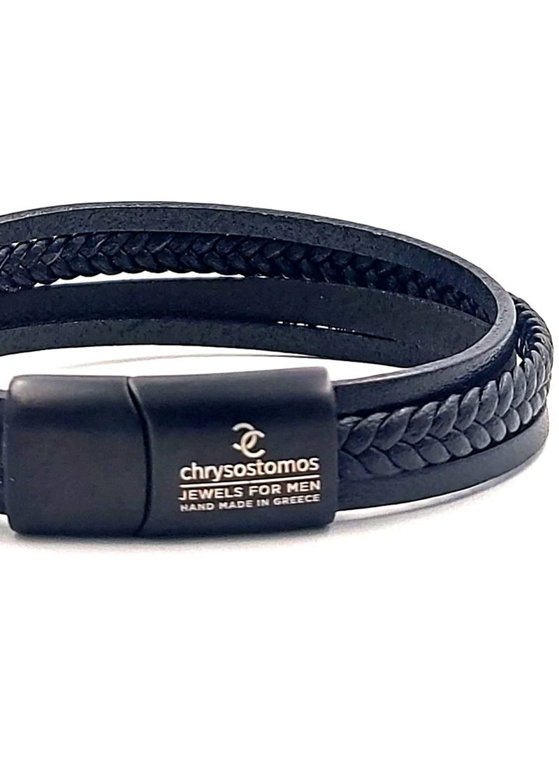 كريسوستوموس Handmade Multi-Strand Leather Bracelet with Three Black Straps and One Black Braid