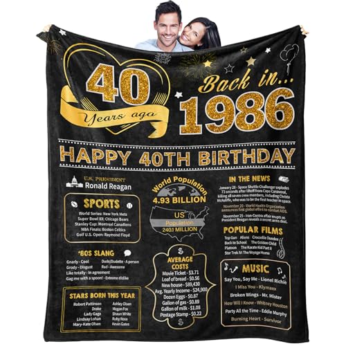 40th Birthday Gifts Women Men 40 Year Old Birthday Gifts for Women Men 40th Bday Gift Ideas Throw Blanket 60 x 50 Inch 1986 Bday Gift for Woman Man 40 Yr OldForty Presents for Female Male