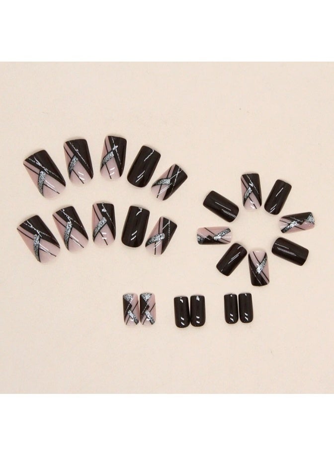Orange Life Shape 24PCS Reusable ABS Nail Tips Glossy Finish Scratch Resistant and Waterproof Silver Line Glitter Design Easy Apply and Remove Natural Fit Fake Nails Home Manicure Kit Salon Quality Nails for Work Party and Wedding Fashion Nail Art Gift for Women and Girls - Image 4