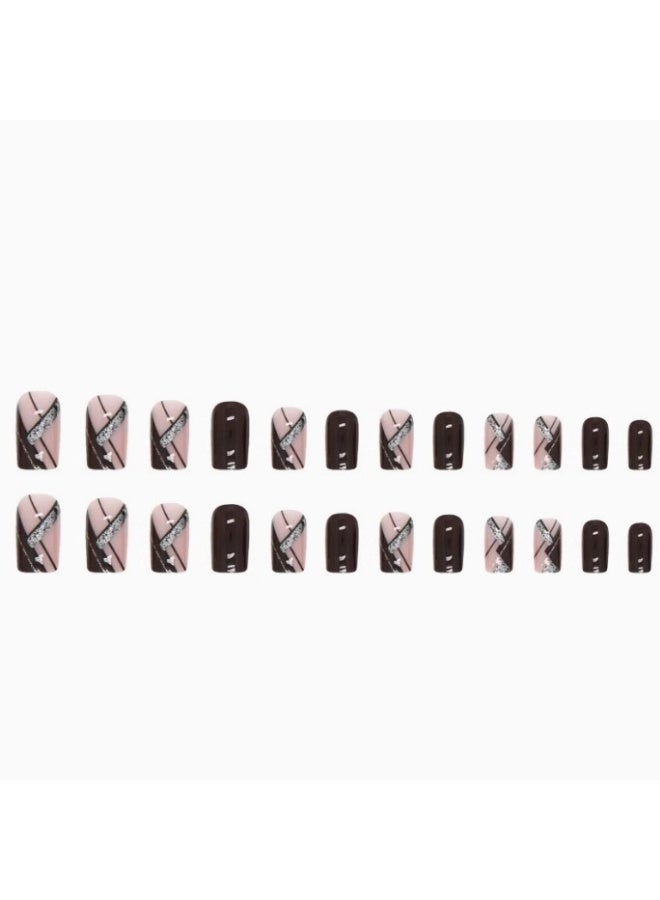 Orange Life Shape 24PCS Reusable ABS Nail Tips Glossy Finish Scratch Resistant and Waterproof Silver Line Glitter Design Easy Apply and Remove Natural Fit Fake Nails Home Manicure Kit Salon Quality Nails for Work Party and Wedding Fashion Nail Art Gift for Women and Girls - Image 3