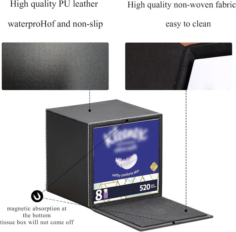 RHCSZ/N Stylish PU Leather Tissue Box Holder, Square Napkin Holder Pumping Paper Case Dispenser, Facial Tissue Holder with Magnetic Bottom for Home Office Black (Black-1) - Image 4