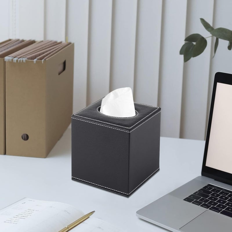 RHCSZ/N Stylish PU Leather Tissue Box Holder, Square Napkin Holder Pumping Paper Case Dispenser, Facial Tissue Holder with Magnetic Bottom for Home Office Black (Black-1) - Image 5