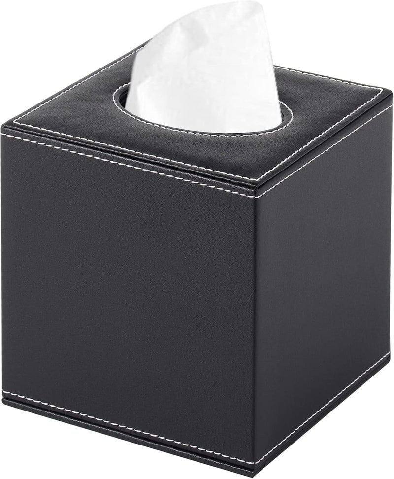 RHCSZ/N Stylish PU Leather Tissue Box Holder, Square Napkin Holder Pumping Paper Case Dispenser, Facial Tissue Holder with Magnetic Bottom for Home Office Black (Black-1) - Image 1