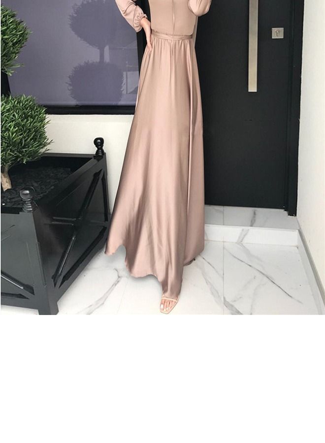 Loquat Elegant Satin Tunic Dress Abaya Beige  - Image 3