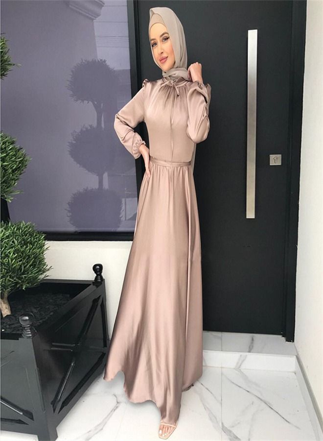 Loquat Elegant Satin Tunic Dress Abaya Beige  - Image 1