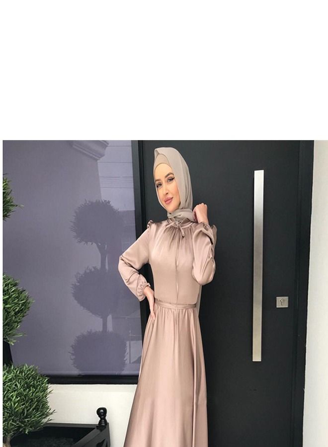 Loquat Elegant Satin Tunic Dress Abaya Beige  - Image 2