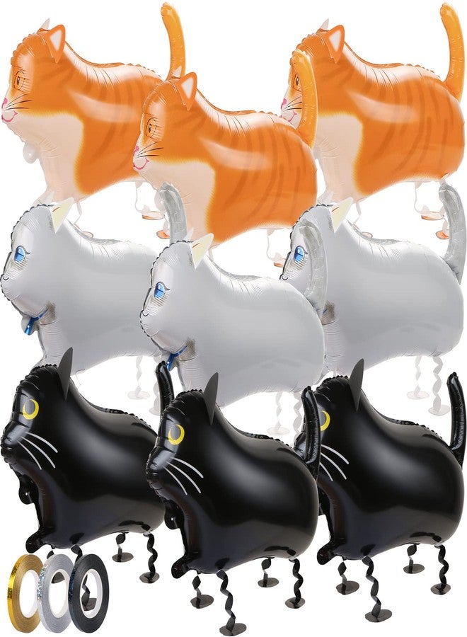 CCOZN 9 Pcs Walking Cat Balloons with 3 Ribbons - Mylar Foil Long Animal Balloons for Cat Theme Birthday Party Decorations - Image 1