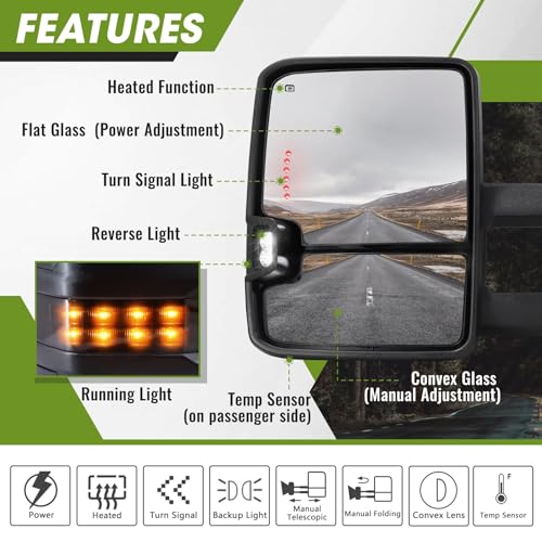 SIZIOM Towing Mirrors 2014-2018 Chevy Silverado GMC Sierra with Running Light, Heated, Power Glass - Tow Mirrors Set (Textured Black) - Image 2