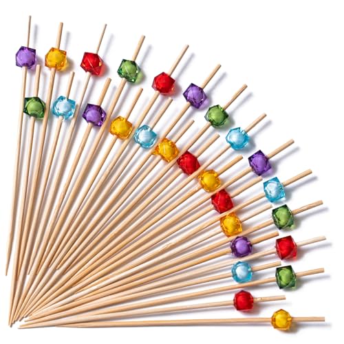 PuTwo Cocktail Toothpicks 300 Counts Cocktail Picks Handmade Natural Bamboo Cocktail Sticks with Cube Beads End Eco-Friendly Appetizer Skewers for Cocktail Appetizers Fruits Dessert - Multicolor - Image 1