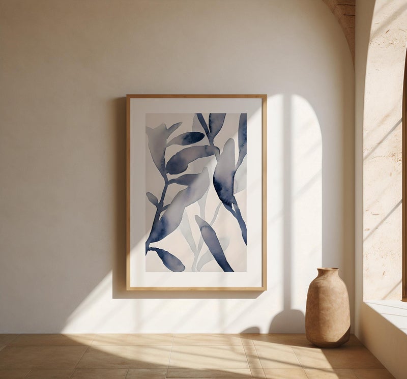 TNESSENTIAL Blue Botanical Watercolor Print: Abstract Leaf Art, Unframed - Image 1