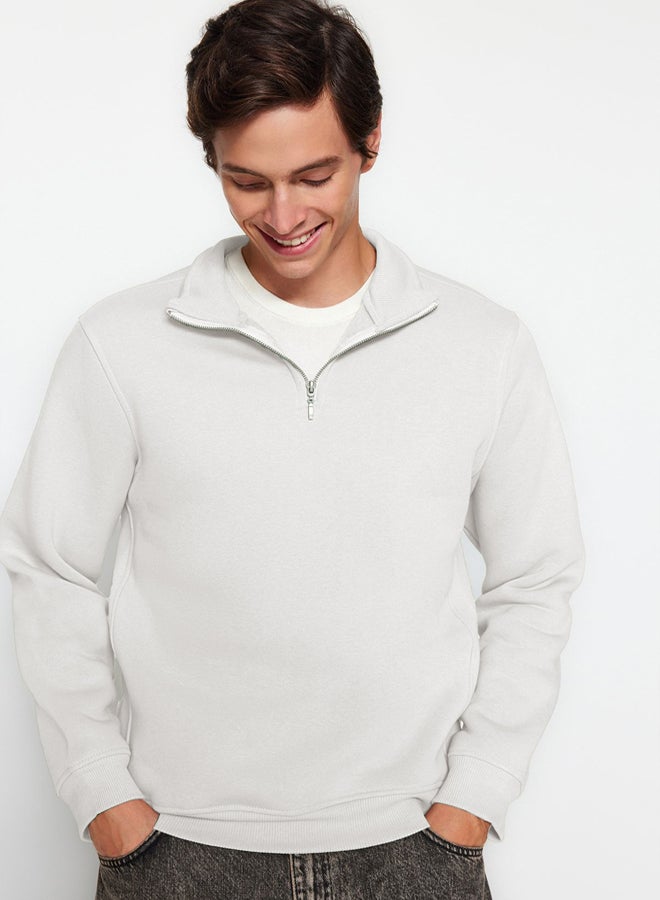 trendyol Ecru Regular/Normal Cut Stand Collar Zippered Inside Polar Fleece/Warm Basic Sweatshirt - Image 3