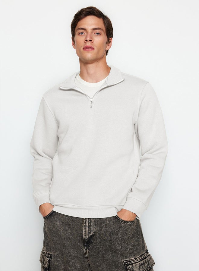 trendyol Ecru Regular/Normal Cut Stand Collar Zippered Inside Polar Fleece/Warm Basic Sweatshirt - Image 1