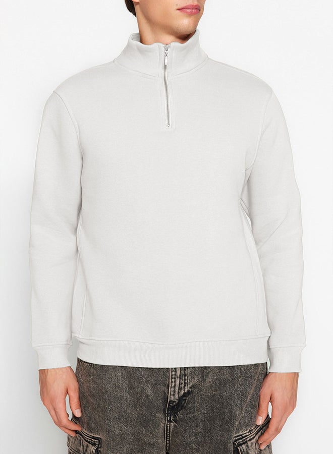 trendyol Ecru Regular/Normal Cut Stand Collar Zippered Inside Polar Fleece/Warm Basic Sweatshirt - Image 4