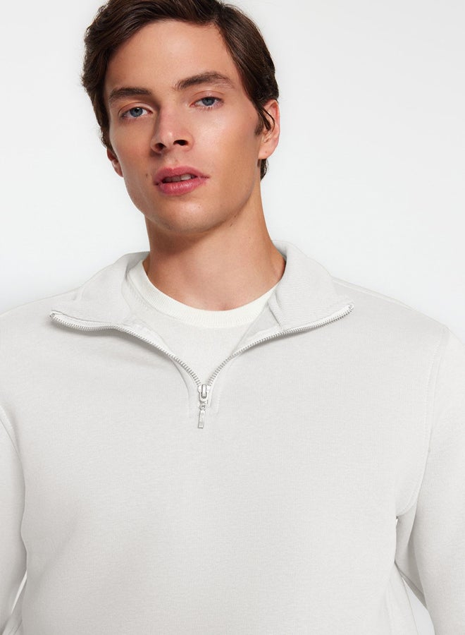trendyol Ecru Regular/Normal Cut Stand Collar Zippered Inside Polar Fleece/Warm Basic Sweatshirt - Image 2