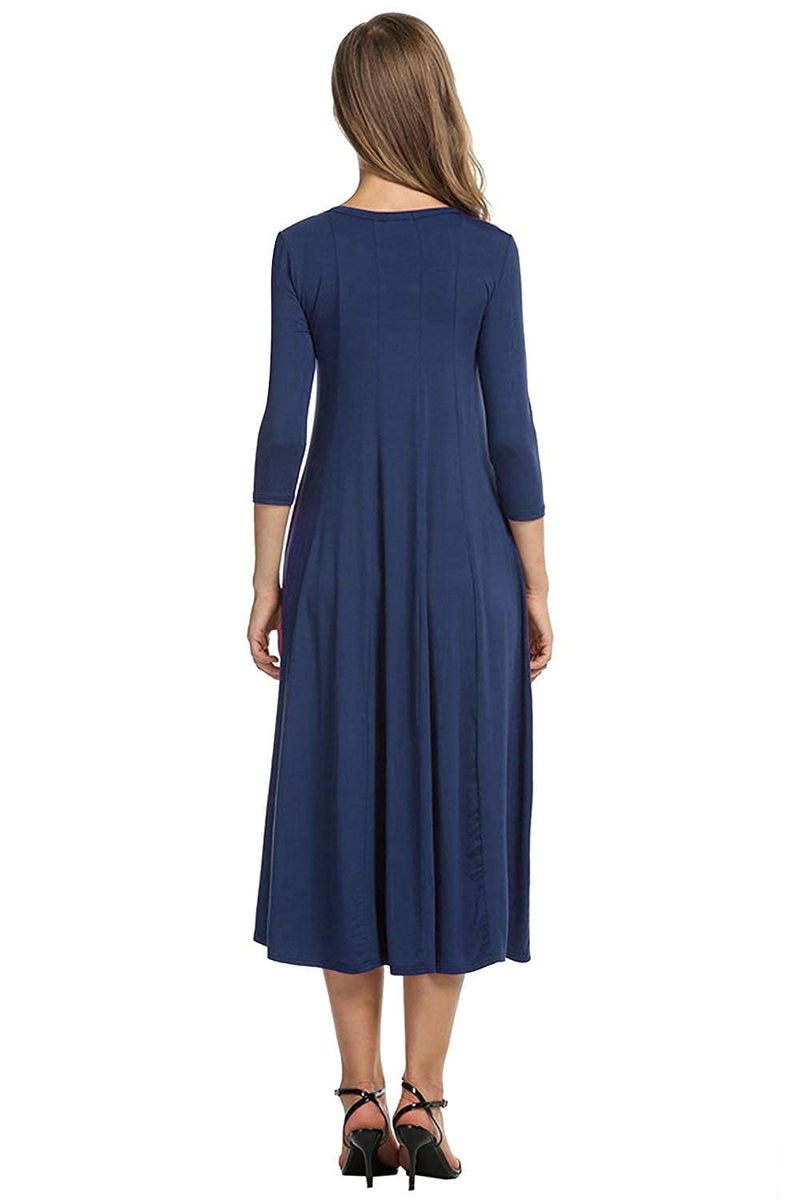 HOTOUCH Women's 3/4 Sleeve Casual Loose Solid Midi T-Shirt Dress (Navy Blue XL) - Image 2