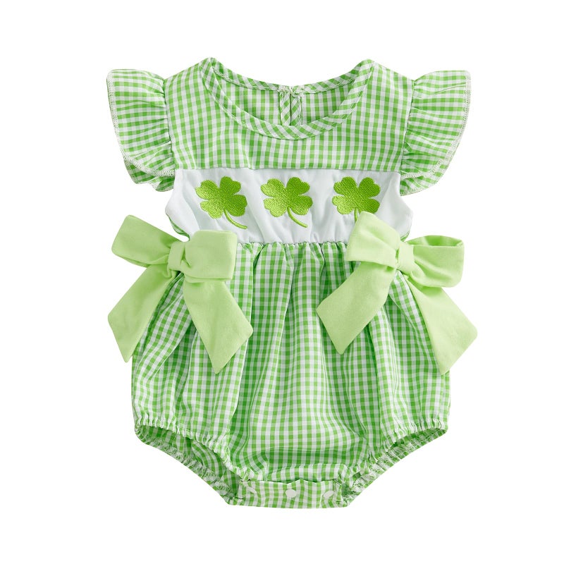 Socutebabe My First St Patricks Baby Girl Outfit Infant Plaid Bubble Romper Shamrock Embroidery Irish Spring Clothes (Green, 3-6 Months) - Image 1