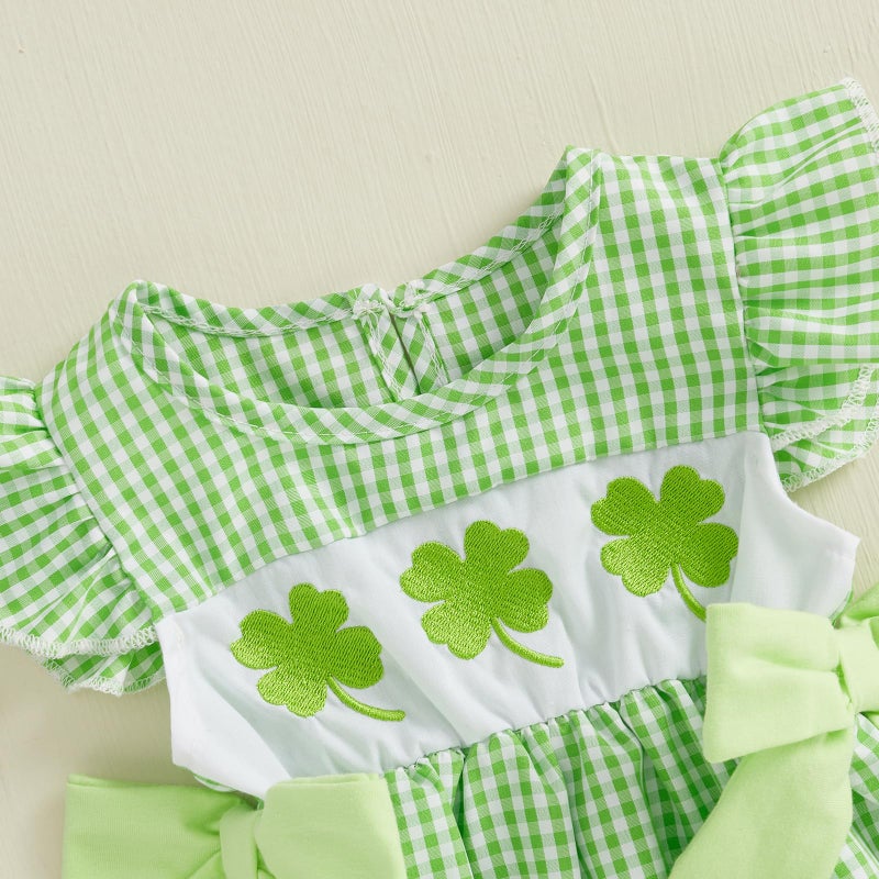 Socutebabe My First St Patricks Baby Girl Outfit Infant Plaid Bubble Romper Shamrock Embroidery Irish Spring Clothes (Green, 3-6 Months) - Image 4