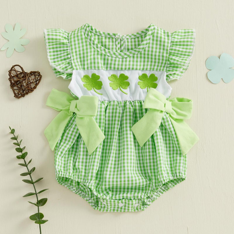 Socutebabe My First St Patricks Baby Girl Outfit Infant Plaid Bubble Romper Shamrock Embroidery Irish Spring Clothes (Green, 3-6 Months) - Image 2