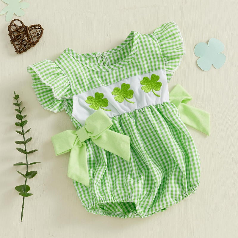 Socutebabe My First St Patricks Baby Girl Outfit Infant Plaid Bubble Romper Shamrock Embroidery Irish Spring Clothes (Green, 3-6 Months) - Image 3