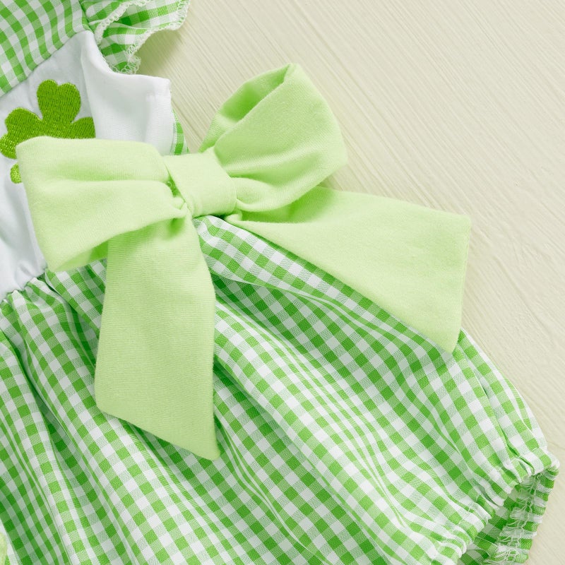 Socutebabe My First St Patricks Baby Girl Outfit Infant Plaid Bubble Romper Shamrock Embroidery Irish Spring Clothes (Green, 3-6 Months) - Image 5