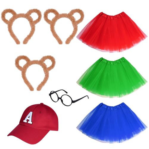 Yolyoo 8 Pieces Chipmunks Costumes Set Include 3 Chipmunk Ears Headband 3 Tutu Dress 1 Black Round Frame Glasses for Halloween Party Animal Costume Accessories - Image 1