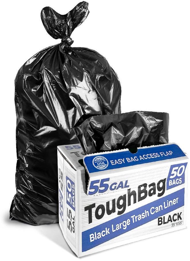 ToughBag ToughBag 55 Gallon Trash Bags, 35 x 55” Large Industrial Black Trash Bags (50 COUNT) - 55-Gallon Outdoor Garbage Bags for Commercial, Janitorial, Lawn, Leaf, and Contractors - Made in USA  - Image 1