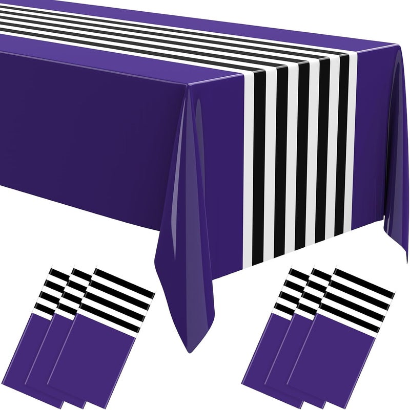 Oudain 6 Pcs Striped Tablecloth 108 x 54 Inch Disposable Plastic Table Cloth Waterproof Tablecloth Rectangle Table Cover for Birthday Wedding Bridal Party Supplies (Black White Purple) - Image 1