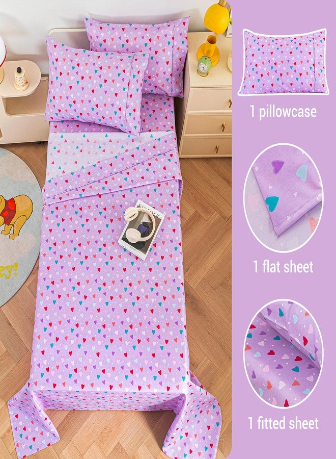 Viviland 3 Pieces Girls Purple Twin Sheet Set - Soft Microfiber Fitted Flat Sheets & Pillowcase - Colorful Hearts Printed Bedding Sets - for Kids & Toddlers - Image 2
