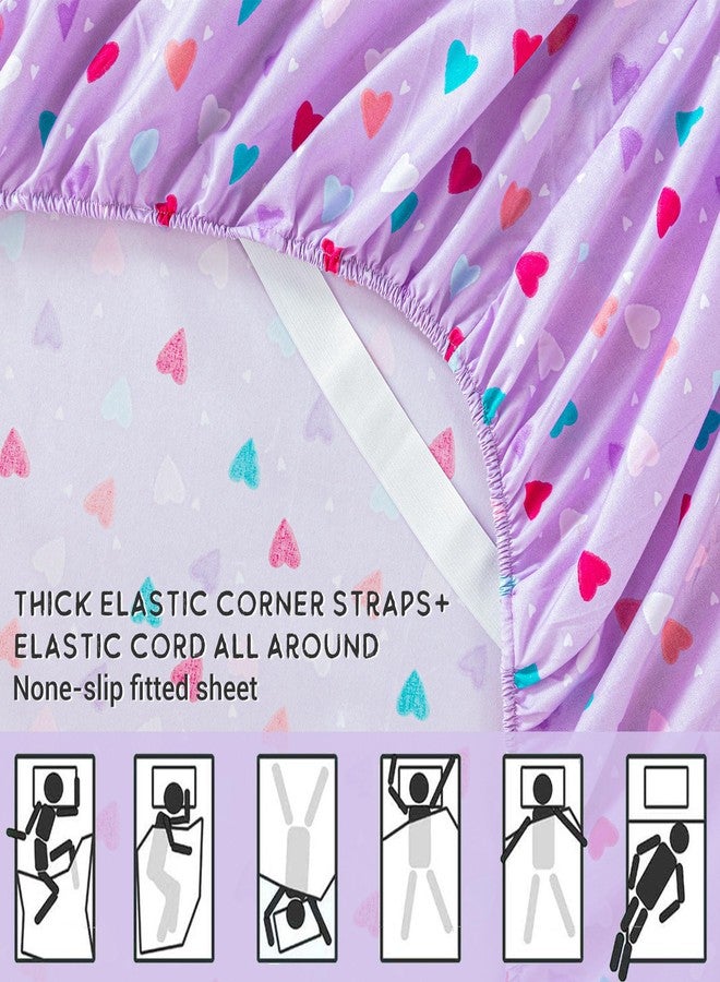 Viviland 3 Pieces Girls Purple Twin Sheet Set - Soft Microfiber Fitted Flat Sheets & Pillowcase - Colorful Hearts Printed Bedding Sets - for Kids & Toddlers - Image 4