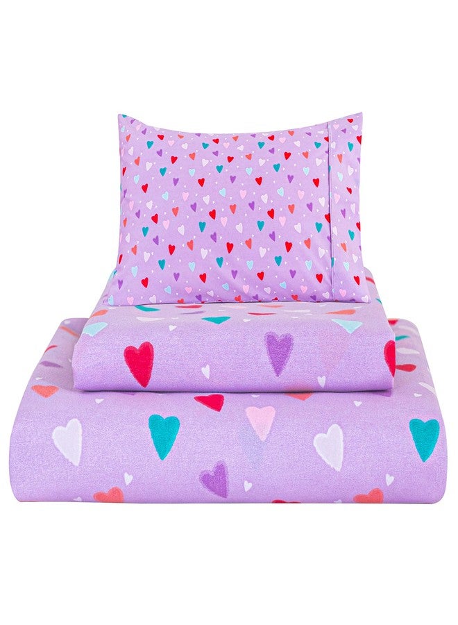 Viviland 3 Pieces Girls Purple Twin Sheet Set - Soft Microfiber Fitted Flat Sheets & Pillowcase - Colorful Hearts Printed Bedding Sets - for Kids & Toddlers - Image 1