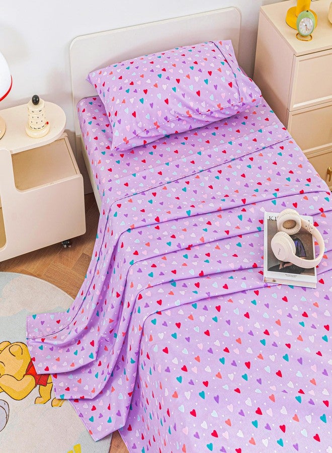 Viviland 3 Pieces Girls Purple Twin Sheet Set - Soft Microfiber Fitted Flat Sheets & Pillowcase - Colorful Hearts Printed Bedding Sets - for Kids & Toddlers - Image 5
