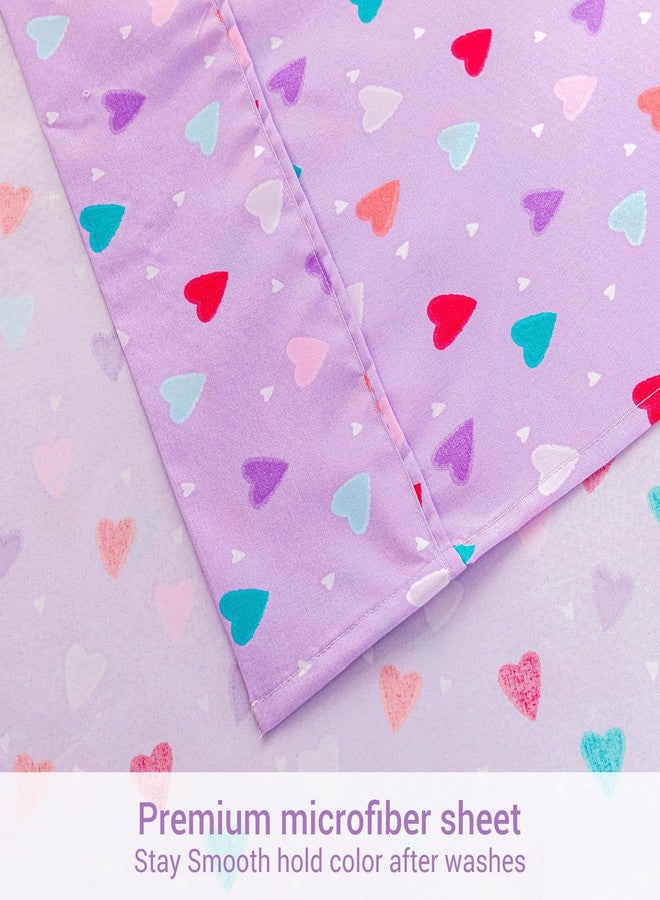 Viviland 3 Pieces Girls Purple Twin Sheet Set - Soft Microfiber Fitted Flat Sheets & Pillowcase - Colorful Hearts Printed Bedding Sets - for Kids & Toddlers - Image 3