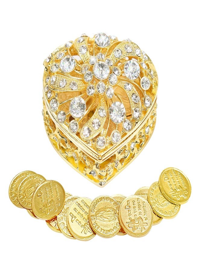 ESNOY Wedding Arras Coins Set - Gold Heart Shaped Box with 13 Virgen of Guadalupe Coins, Arras De Boda Cristiana, Weddings Accessories for Ceremony - Image 1
