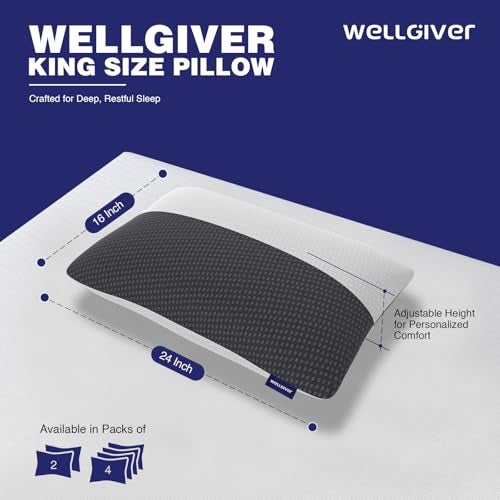 Wellgiver Height Adjustable Microfiber Sleeping Pillows – Set of 2 | 16" x 24"| Soft, Supportive & Washable | Ideal for Back, Side & Stomach Sleepers | 3 Months Warranty | White & Black Jacquard Cover - Image 2
