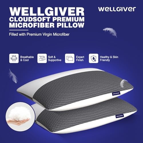 Wellgiver Height Adjustable Microfiber Sleeping Pillows – Set of 2 | 16" x 24"| Soft, Supportive & Washable | Ideal for Back, Side & Stomach Sleepers | 3 Months Warranty | White & Black Jacquard Cover - Image 3