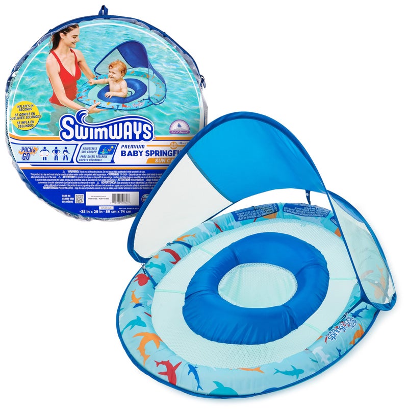 Swimways Baby Spring Float, Baby Pool Float with Canopy & UPF Protection, Swimming Pool Accessories for Kids 9-24 Months, Shark - Image 1