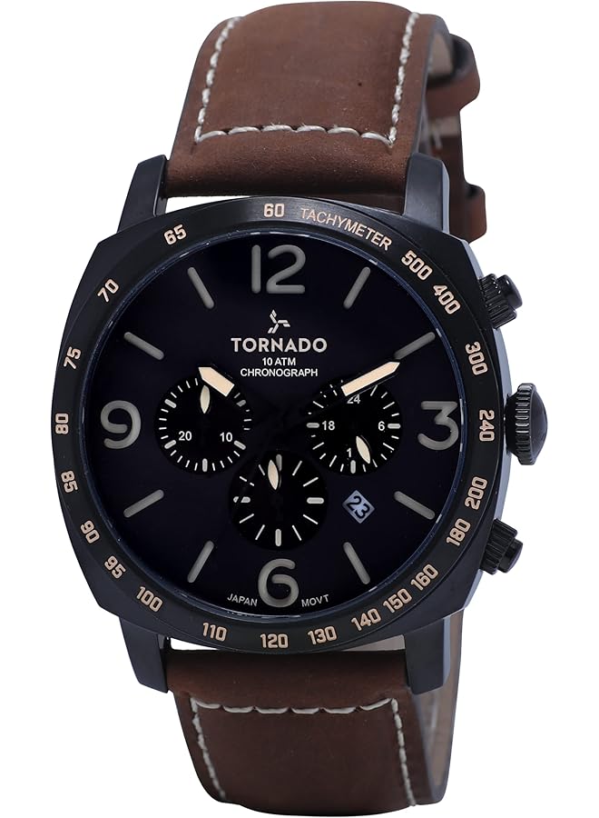 TORNADO Men Japan Quartz Movement Watch Chronograph Display And Leather Strap T9102 Bleb Light Brown