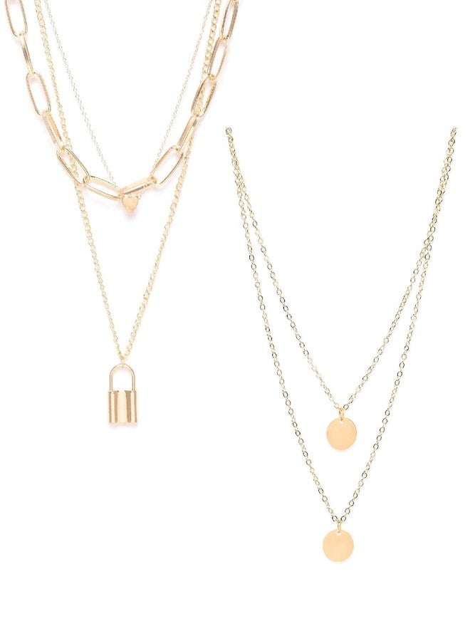 OOMPHelicious Jewellery Set of 2 Gold Tone Link Chain Heart & Lock Multi Layer Necklaces for Girls & Women - Image 1