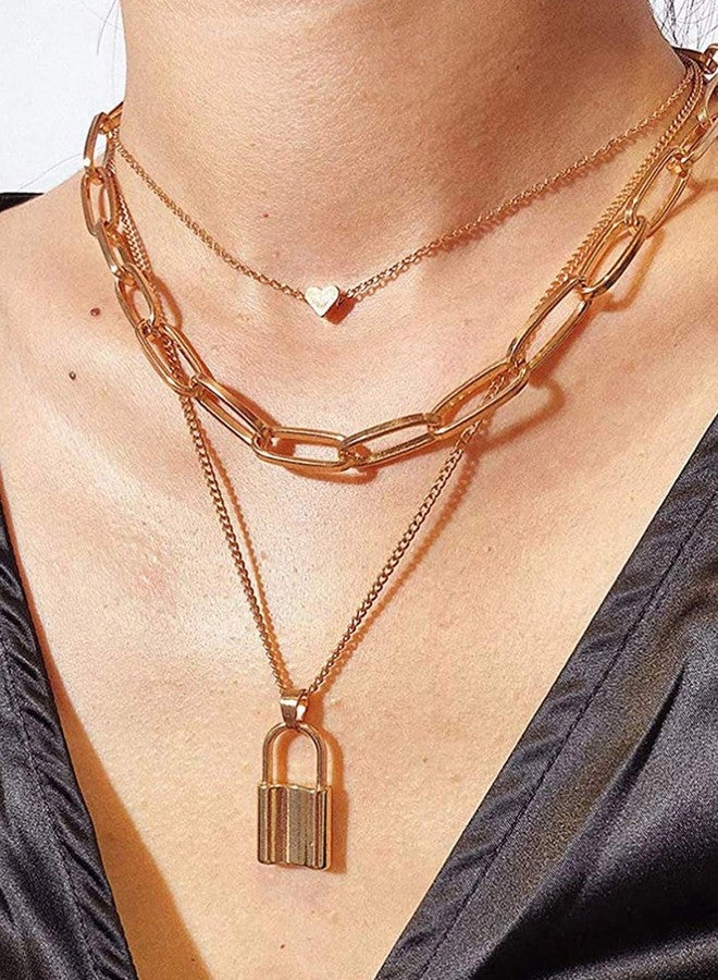 OOMPHelicious Jewellery Set of 2 Gold Tone Link Chain Heart & Lock Multi Layer Necklaces for Girls & Women - Image 4