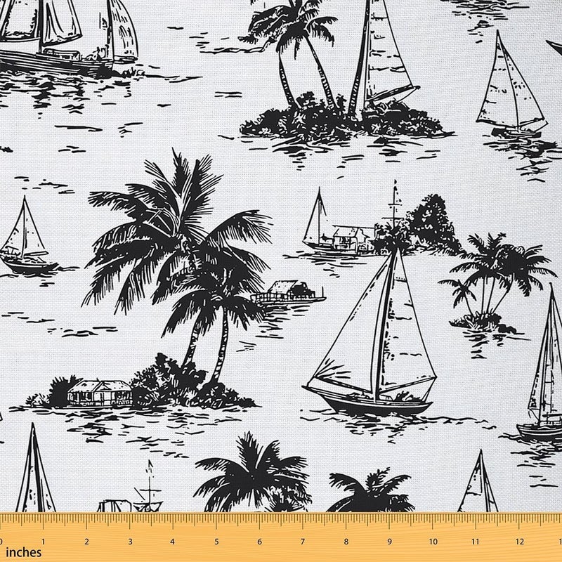 Feelyou Retro Palm Tree Fabric by The Yard Coastal Sailboat Upholstery Fabric Nautical Island Pattern 2 Yards Waterproof Indoor Outdoor Decor for DIY Sewing Craft Projects - Image 1