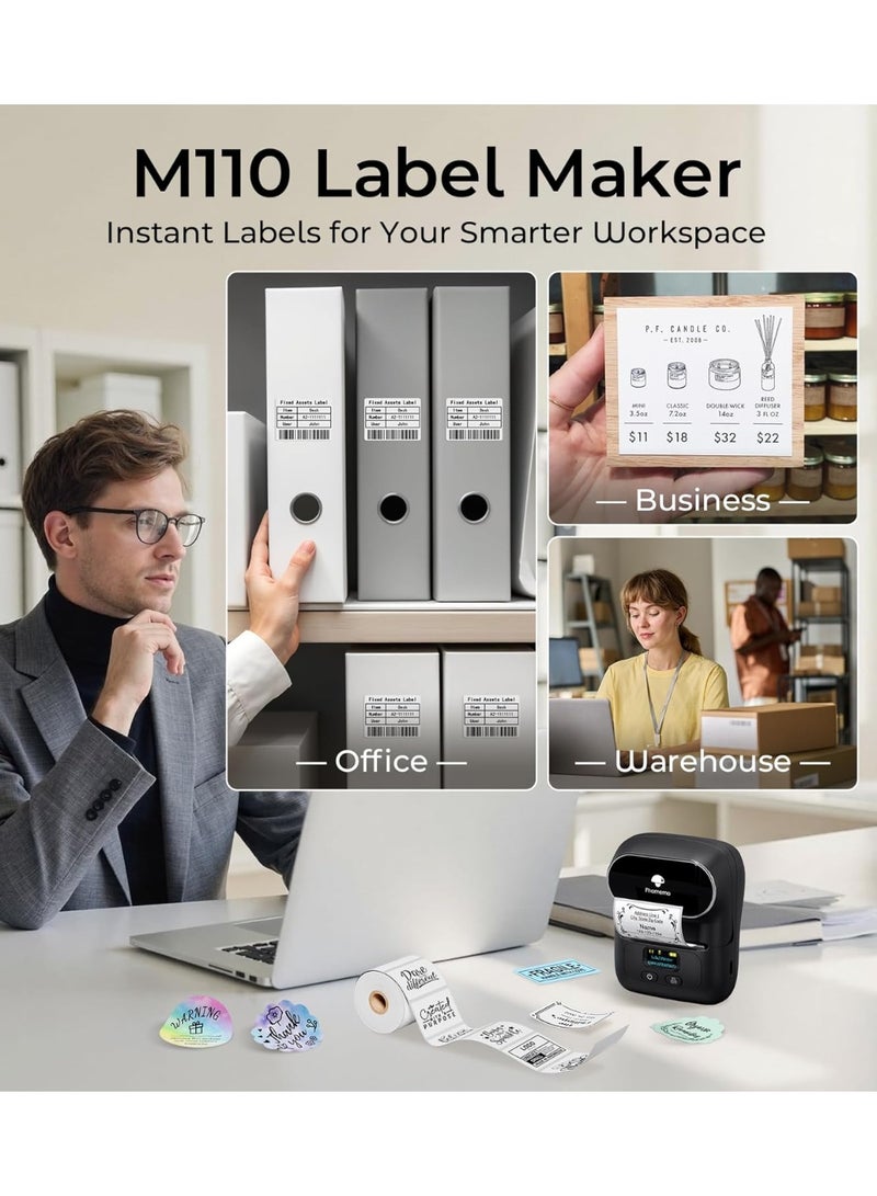 فوميمو طابعة ملصقات حرارية محمولة M110، اتصال بلوتوث، تطبيق لوضع الملصقات، الشحن، كابل المكتب، البيع بالتجزئة، الباركود والمزيد، أسود - Image 3