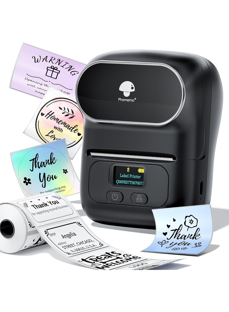 فوميمو طابعة ملصقات حرارية محمولة M110، اتصال بلوتوث، تطبيق لوضع الملصقات، الشحن، كابل المكتب، البيع بالتجزئة، الباركود والمزيد، أسود - Image 1