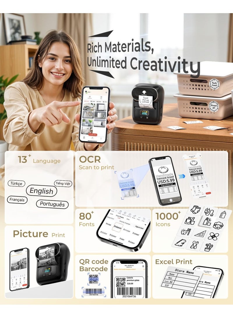فوميمو طابعة ملصقات حرارية محمولة M110، اتصال بلوتوث، تطبيق لوضع الملصقات، الشحن، كابل المكتب، البيع بالتجزئة، الباركود والمزيد، أسود - Image 4