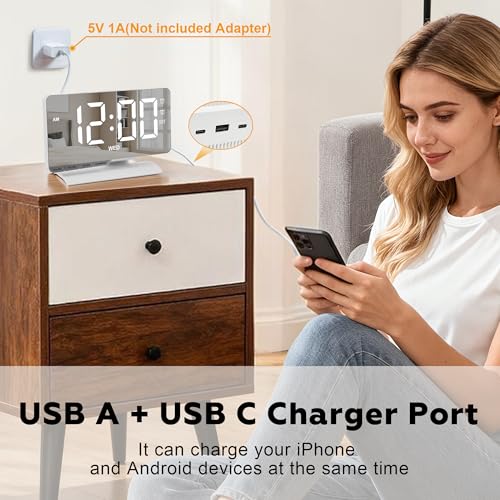 SZELAM Digital Clock,Alarm Clock Bedside,7.3'' Large LED Mirror with Date Display,Dual Alarm with 3 Mode,Brightnee Adjust,DST,Snooze Function,USB C Charging Port,5 Levels Volume for Desk Bedroom Teens - Image 2