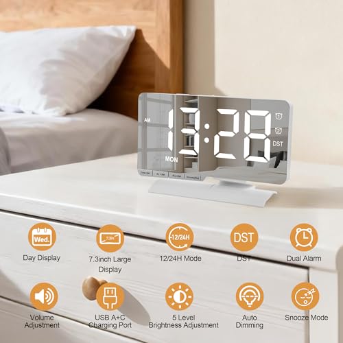 SZELAM Digital Clock,Alarm Clock Bedside,7.3'' Large LED Mirror with Date Display,Dual Alarm with 3 Mode,Brightnee Adjust,DST,Snooze Function,USB C Charging Port,5 Levels Volume for Desk Bedroom Teens - Image 3