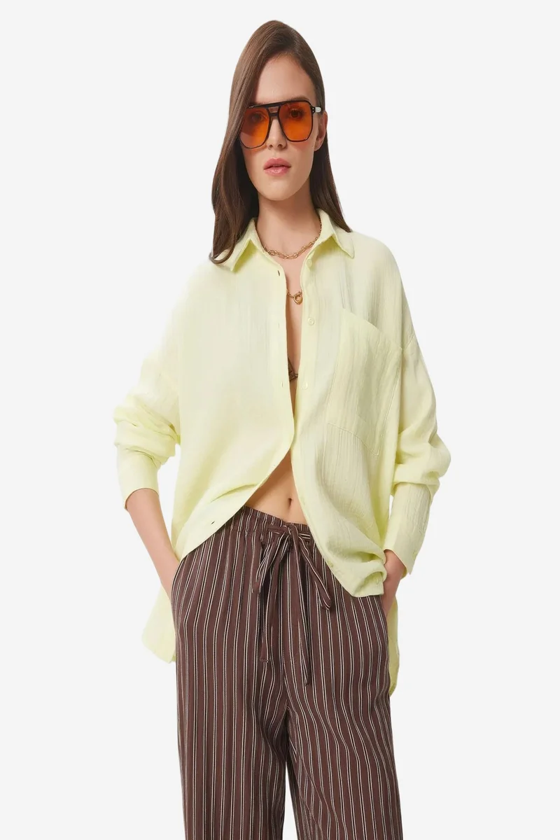 Happiness İstanbul ISTANBUL Oversized Textured Cotton Shirt with Pocket